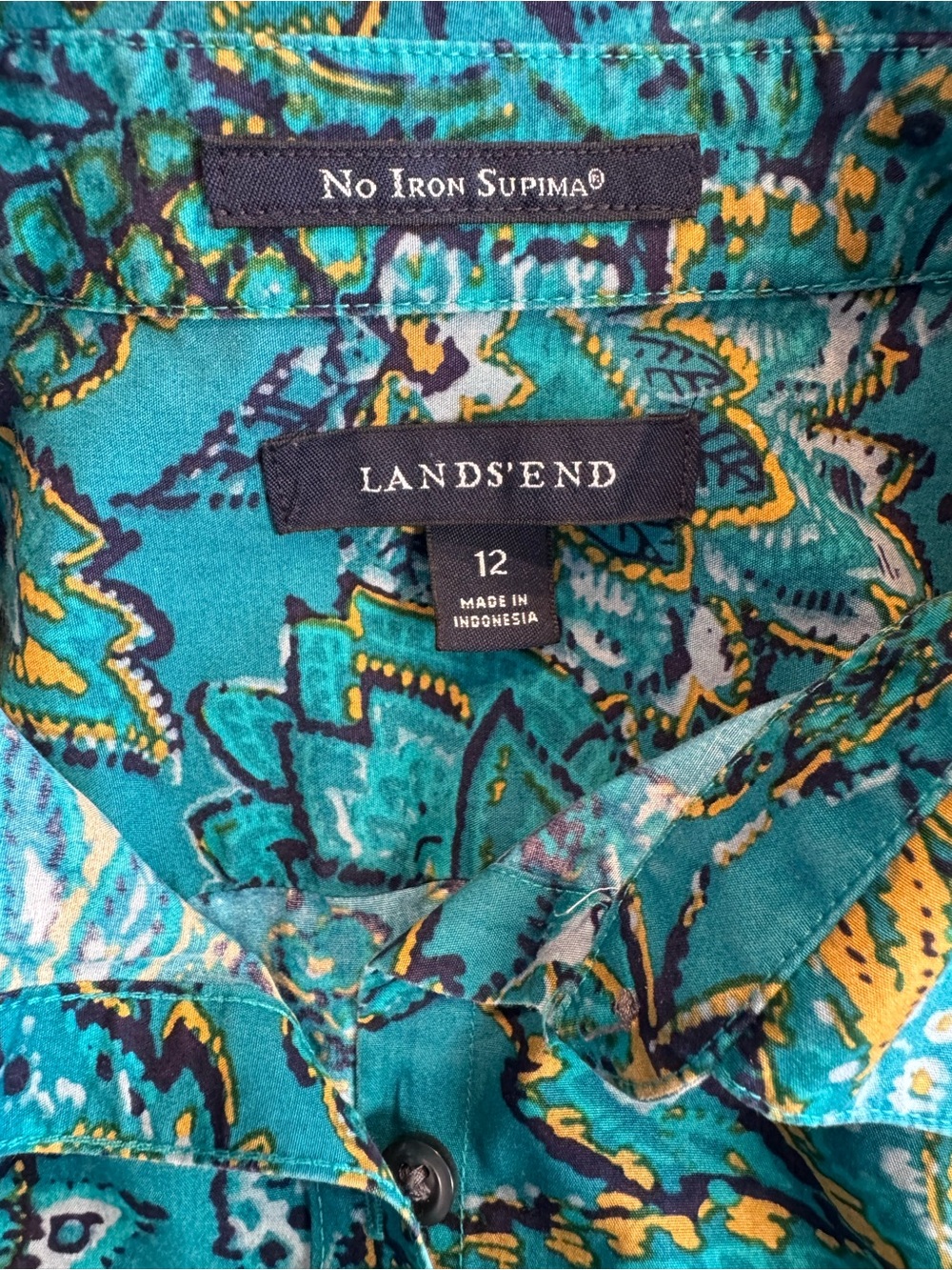 Lands' End Turquoise Floral Button-Front Blouse Size 12 - Picture 9 of 11